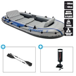 BATEAU GONFLABLE INTEX EXCURSION 5 + 2 AVIRONS + GONFLEUR -Aviron Sportif bateau gonflable intex excursion 5 2 avirons gonfleur 1